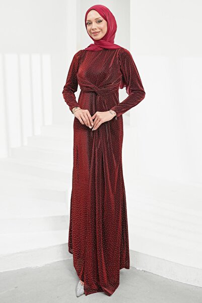 İmajButik Burgundy Front Detailed Stoned Evening Dress