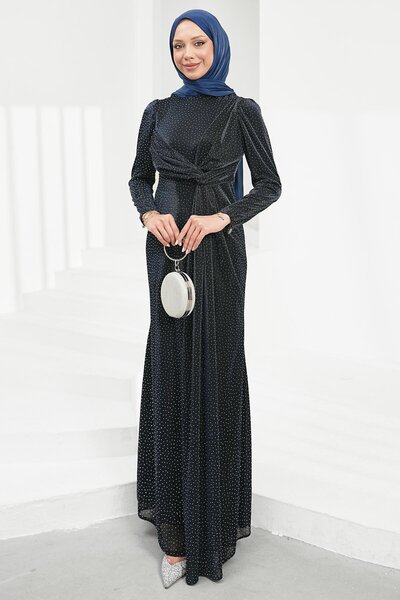 İmajButik Navy Blue Front Detailed Stoned Evening Dress