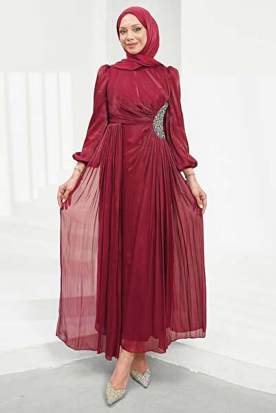 İmajButik Burgundy Evening Dress with Elastic Sleeves and Stone Detail