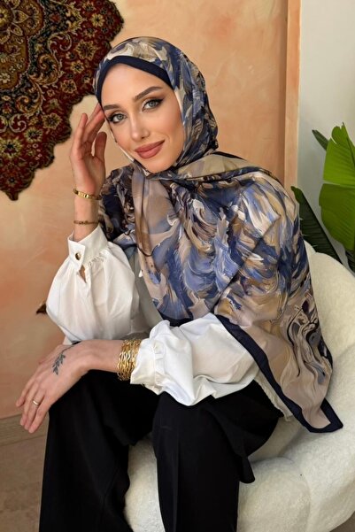 İmajButik Navy Blue Patterned Soft Shawl