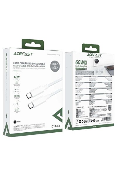 Acefast كابل شحن من النوع C إلى النوع C، أبيض من النايلون، شحن سريع بقوة 60 واط