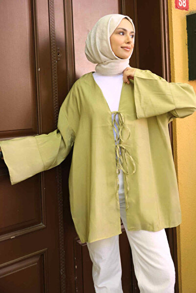 İmajButik كيمونو برباط أمامي باللون الأخضر الزيتي