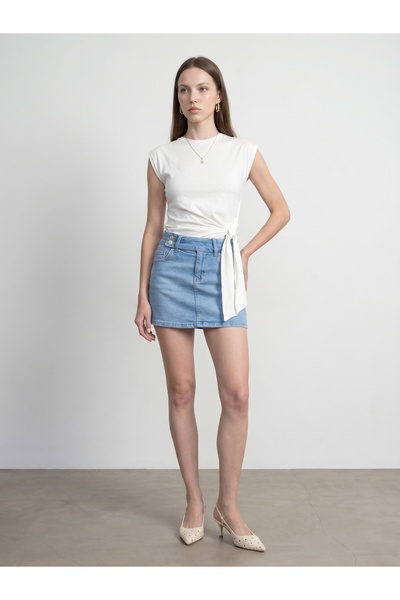 Dilvin 32724 100% Cotton T-Shirt with Tie Detail - Ecru