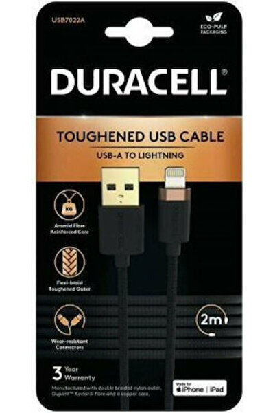 Duracell Καλώδιο USB-A σε Lightning Πλεγμένο με Κέβλαρ, Μαύρο, 2μ (USB7022A)