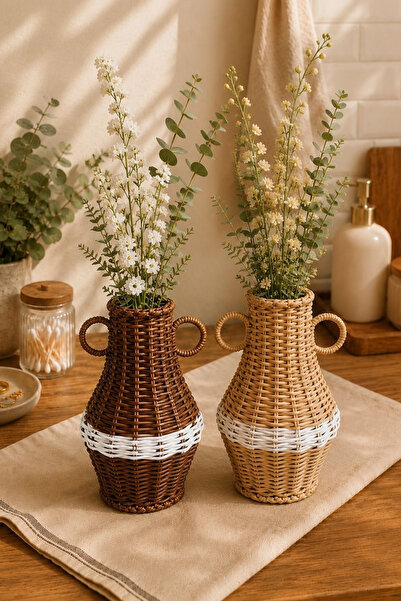 Chefstar HASIR GÖRÜNÜMLÜ DEKORATİF RATTAN VAZO BOHEM EV DEKORASYONU ÇİÇEKLİK