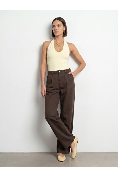 Dilvin 72319 Pileli Dökümlü Kumaş Pantolon-Kahve