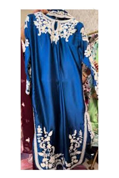 Generic Teal Blue Embroidered Kaftan Dress with White Floral Embellishment, L...