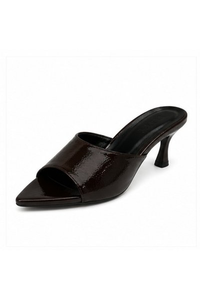 RAPA Women's Bitter Brown Patent Leather Mule Slippers Thin Heeled Pointed Toe Stylish Slippers