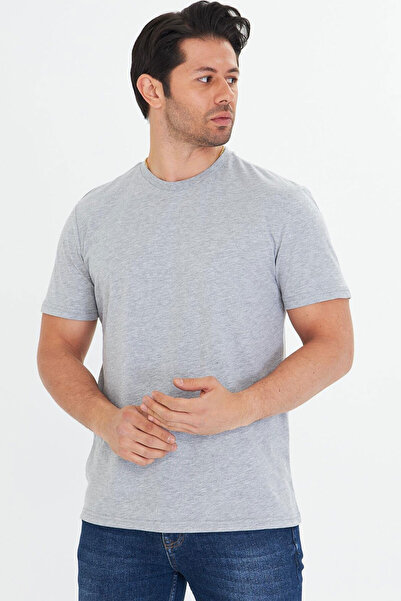 TRENDHİLL Men's Gray Melange Cotton Crew Neck Large Size T-Shirt Gray5014B