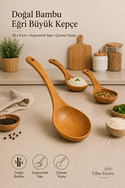 Tilbe Home Doğal Bambu Eğri Büyük Kepçe 29x9 cm Ergonomik Saplı Tencere Dostu...