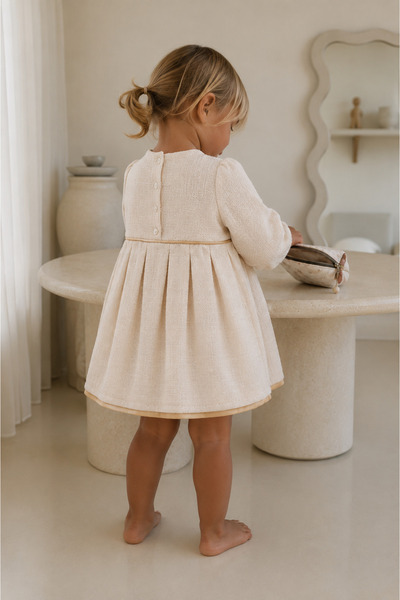 Elo Knitted Detailed Bowknot Ecru Cotton Girls' Dress