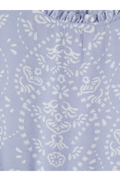 LC Waikiki Blue Ruffled High Neck Patterned Belted Dress