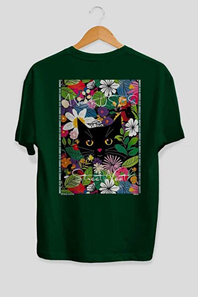 Ankhises For the Love of Cats 124 Cat Printed Green Oversize T-Shirt 100% Cot...