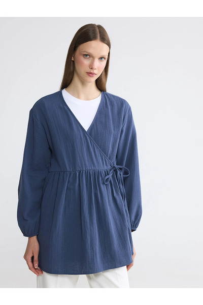 LC Waikiki Navy Blue Double Breasted Collar Textured Women's Kimono