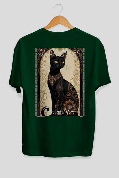 Ankhises For the Love of Cats 86 Cat Printed Green Oversize T-Shirt 100% Cott...