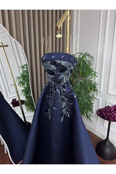 AMAZ Mikado Evening Dress with Embroidered Cloche Tail