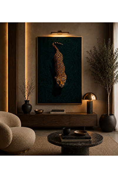 MİRO EXPRESS Gece Avcısı Leopar Gold Çerçeveli Kanvas Tablo – Modern Vahşi Ya...
