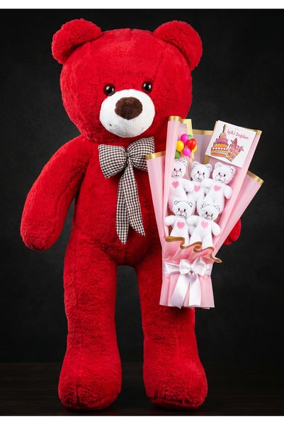 lenostra 90cm Red Large Plush Teddy Bear with Pink Birthday Teddy Bear Bouquet, Balloon and Happy Birthday Card Detailed Gift Set