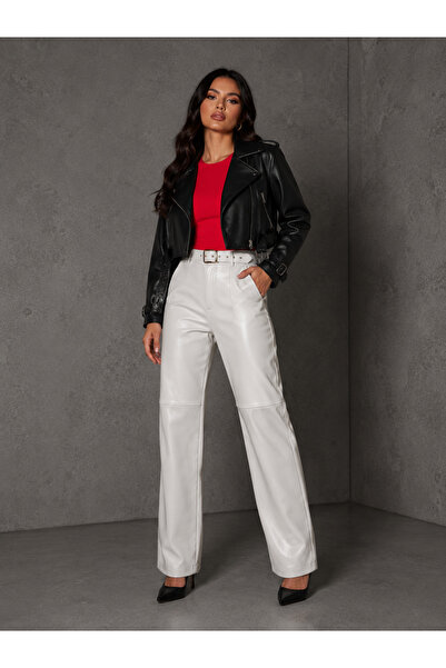 Velmora Leather Hakiki Deri Beyaz Kadın Pantolon Astarlı