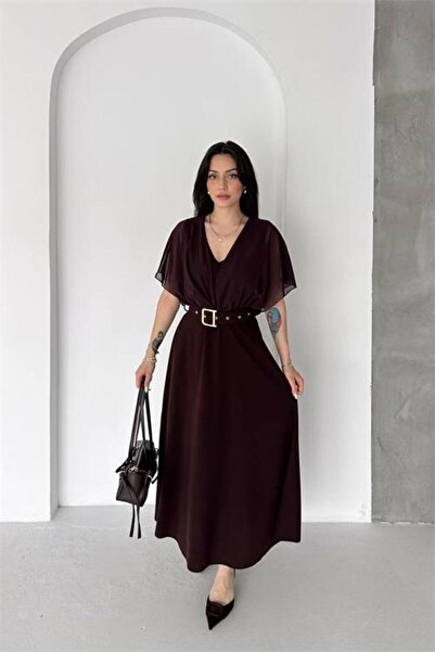Neşeli Butik Γυναικείο φόρεμα σιφόν καφέ χρώματος με λεπτομέρεια στα μανίκια,...
