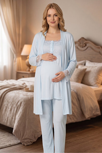 BLACKMORE Women's Blue Cotton Lace Detailed Maternity Pajama Set with Dressin...