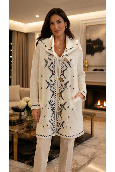 BALİS PİJAMA Women's Cream Black Ethnic Patterned Hooded Knitwear Coat with W...