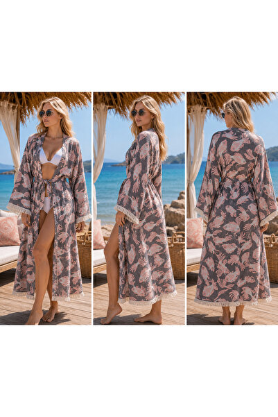Store Kadın Deniz Desenli Uzun Plaj Kimono
