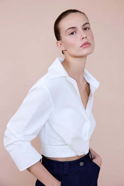rue Kruvaze Yaka Poplin Crop Ekru Gömlek