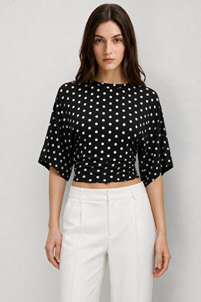 Mixray 2102 Kadın Modal Büzgü Detaylı Dökümlü Soft T-Shirt Puantiyeli Siyah