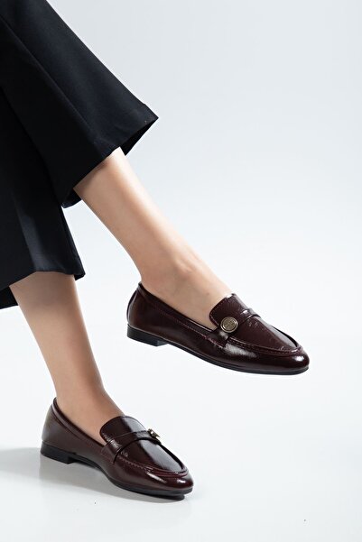 Zerenyus Zri̇n-131 Burgundy Wrinkled Classic Masculine Casual Women's Ballerinas
