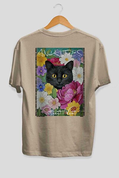 Ankhises For the Love of Cats 109 Cat Printed Beige Oversize T-Shirt 100% Cot...