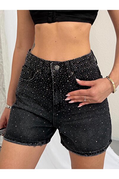 Vooz Kadın Kristal Taş İşlemeli Siyah Jean Şort Yüksek Bel Denim Mini Şort Ta...