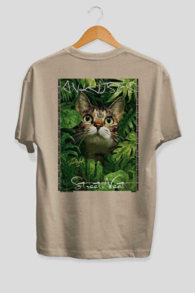 Ankhises For the Love of Cats 11 Cat Printed Beige Oversize T-Shirt 100% Cott...