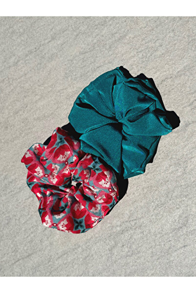Noestudio 2'li Scrunchie Seti Retro Desenli ve Zümrüt Yeşili Kumaş Toka | Büy...