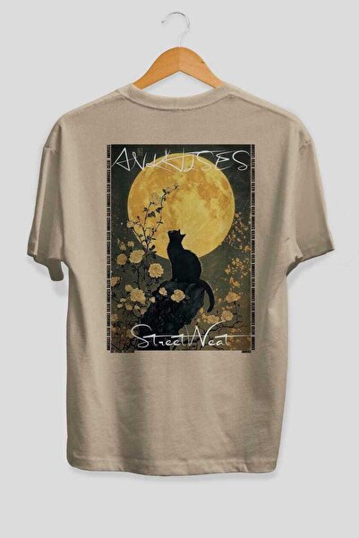 Ankhises 90 Cats for the Sake of Cats Printed Beige Oversize T-Shirt 100% Cot...
