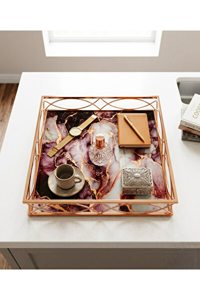 Le Paon Tavă decorativă de lux de 30 cm - Organizator metalic auriu roz cu mo...