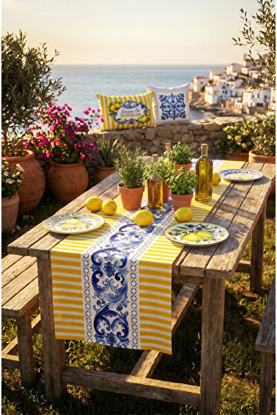 CANİLA CIAO Sade LimonCello Deseni Sarı ve Beyaz Detaylı Runner 45 x 145 Cm