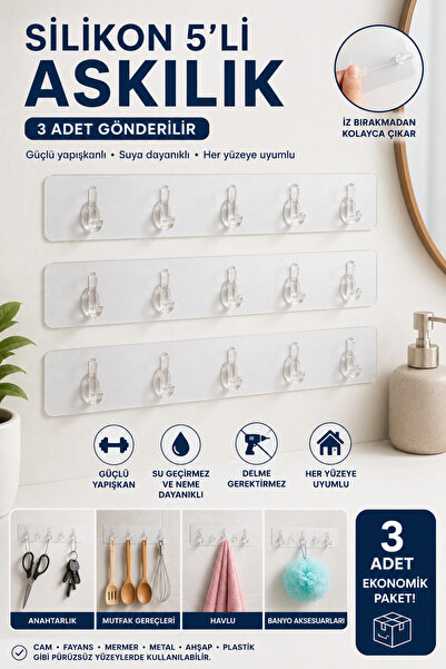 MAKRİ HOME 3'lü Set Şeffaf Yapışkanlı 5'li Askılık