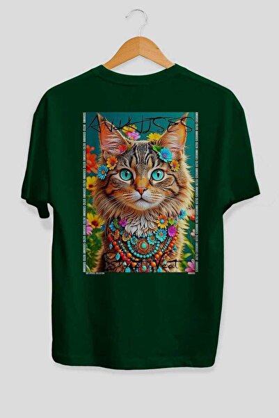 Ankhises For the Love of Cats 93 Cat Printed Green Oversize T-Shirt 100% Cott...