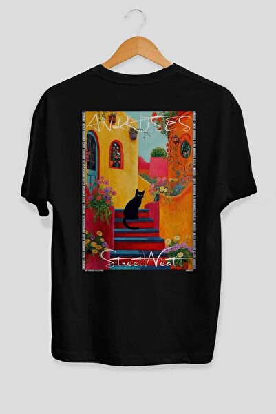 Ankhises For the Love of Cats 22 Cats Printed Black Oversize T-Shirt 100% Cot...