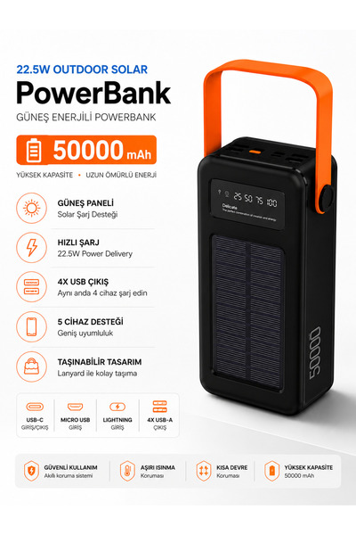 TUROVE 50000 mAh GÜNEŞ ENERJİLİ POWERBANK 22.5W HIZLI ŞARJ 4 USB ÇIKIŞLI