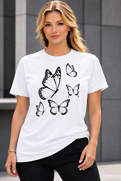 VODEXA Women's Oversize T-Shirt Colorful Butterflies Printed 100% Cotton T-Sh...
