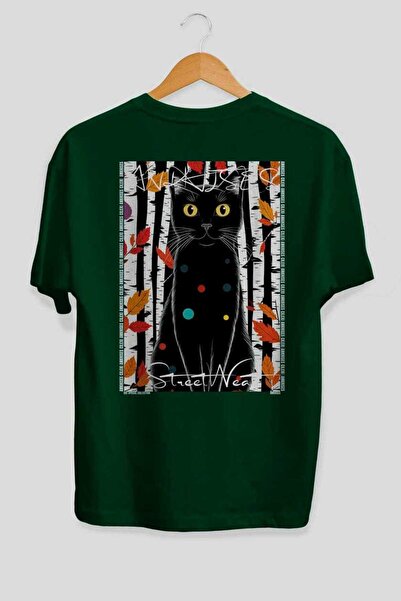 Ankhises For the Love of Cats 26 Cats Printed Green Oversize T-Shirt 100% Cot...