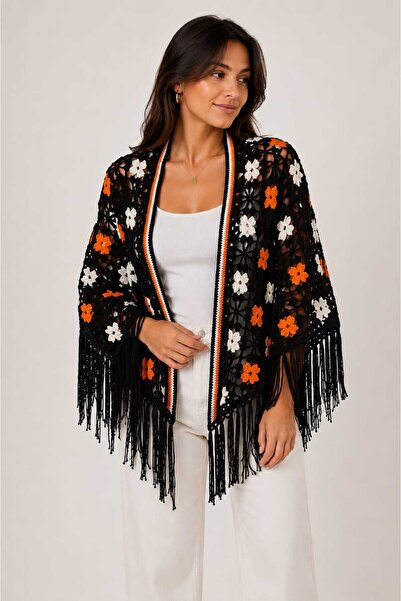 BY AKTEPE STORE Tassel Detailed Floral Motif Bohemian Knitted Kimono Cardigan...