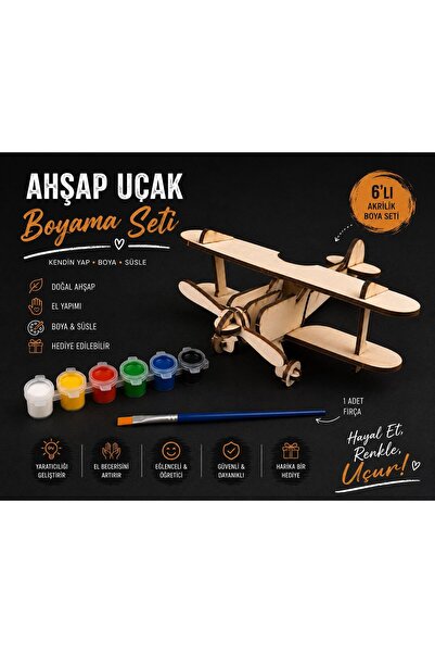 StickerAVM Ahşap Kendim Yap Maket Uçak Seti - 15x14x7 cm Eğitici Sanat Etkinl...