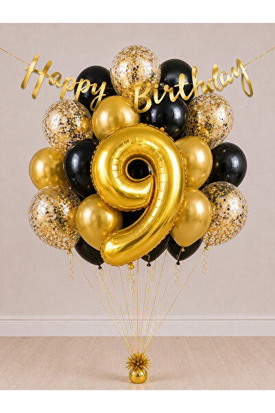 Balonsan -9- Golden Happy Birthday Banner Themed Balloon Bundle 15 Pieces