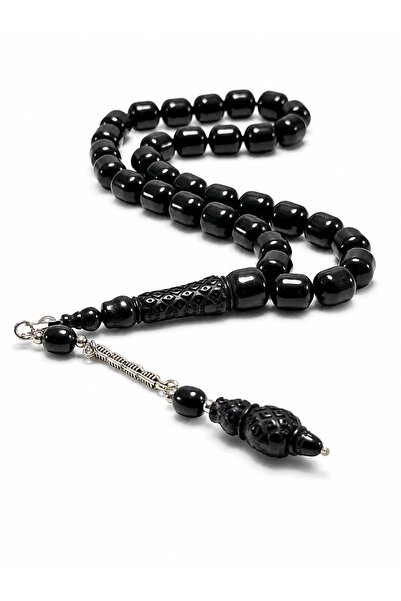 Capsule Cut Fire Amber Look Rosary Black Ribbon Detailed Imam Metal Tassel