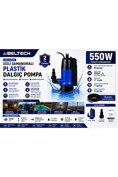 İBELTECH 550W Gizli Şamandıralı Dalgıç Pompa 5 Metre Kablolu Saatte 10.000Lit...