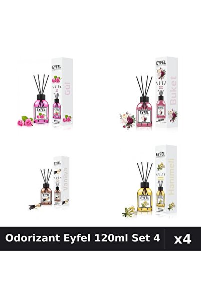 Eyfel Set 4 Odorizant Cameră Betișoare 120ml - Trandafir, Bouquet, Vanilie, M...