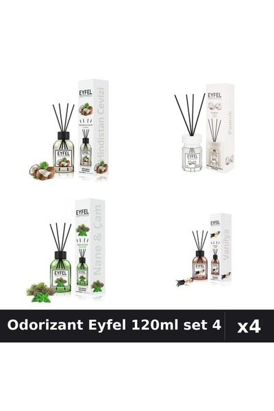 Eyfel Set 4 Odorizant Camera Betisoare 120ml - Cocos, Bumbac, Mentă, Vanilie